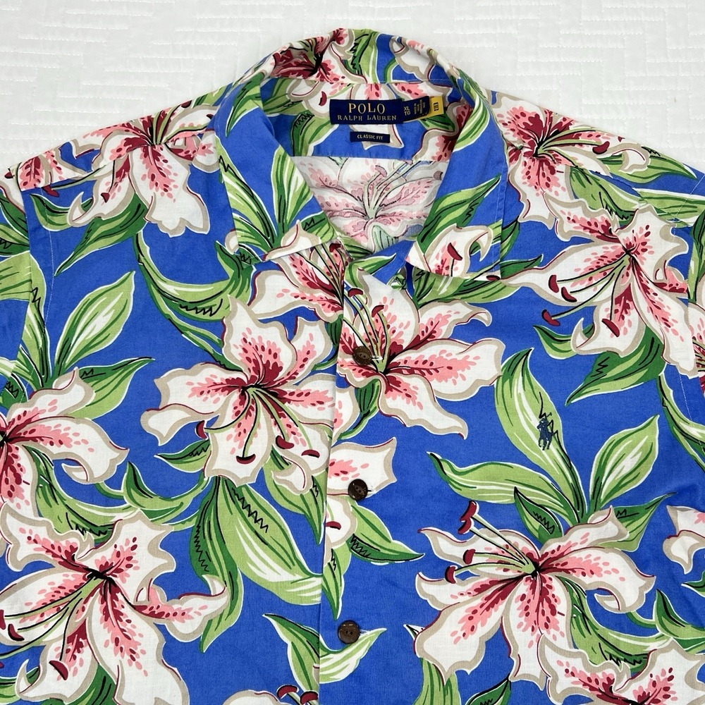 Polo Ralph Lauren Hawaiian Camp Loop Collar Shirt XL Blue Pink Floral Aloha
